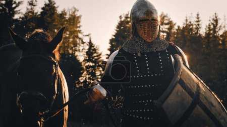 Photo for Epic Armies of Medieval Knights on Battlefield Clash, Plate Body Armored Warriors Fighting Swords in Battle. Bloody War and Savage Conquest. Historical Reenactment. Cinematic Shot - Royalty Free Image