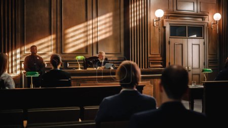 Court of Justice Trial: Impartial Judge and Public are Sitting, Listening. Supreme Federal Court Judge Starts Civil Case Hearing. Sentencing Law Offender.