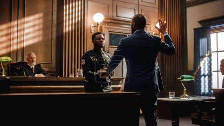 Photo for Law and Justice Court Case Witness Solemnly Swears that the Evidence He Shall Give Shall be the Truth and Nothing but the Truth Before Testifying to Lawyers and Judge in Courthouse. - Royalty Free Image