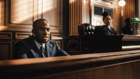 Tribunal de Justicia y Jurisdicción: Retrato de un apuesto testigo masculino dando testimonio al juez, jurado. Discurso de endurecido criminal negando cargos, mintiendo, acusando a víctimas, cometiendo perjurio.