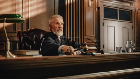 Court of Law Trial: Portrait of Impartial Judge Reading Decision, striking Gavel. Justice Pronouncing Sentence. Judgment after Deliberation. Guilty, Not Guilty Verdict. Cinematic Concept Rule of Law