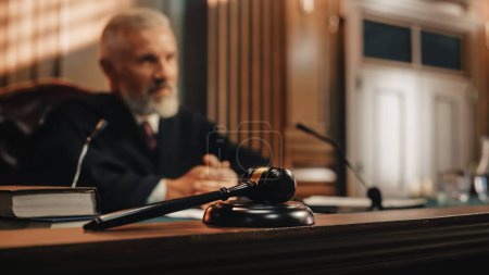 Photo for Cinematic Court of Law and Justice Trial: Honorable Male Judge Discussing Pleaded Case, Decision Guilty or Innocent Verdict after Hearing Arguments. Blurred Shot with Focus on Gavel - Royalty Free Image
