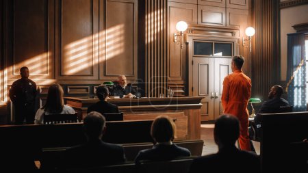 Gerichtsprozess: Ehrbarer Richter, der das Urteil verkündet, schlägt Gavel. Erschossener männlicher Gesetzesbrecher in orangefarbener Robe zu Gefängnisstrafe verurteilt Verhandlung vertagt,