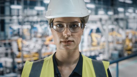 Photo for Portrait of Female Automotive Industry Engineer Putting on Safety Glasses at Car Factory Facility. Confident Assembly Plant Specialist Working on Manufacturing Modern Electric Vehicles. - Royalty Free Image