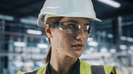 Photo for Portrait of Female Automotive Industry Engineer Wearing Safety Glasses and High Visibility Vest at Car Factory Facility. Confident Assembly Plant Specialist Working on Manufacturing Modern Vehicles. - Royalty Free Image