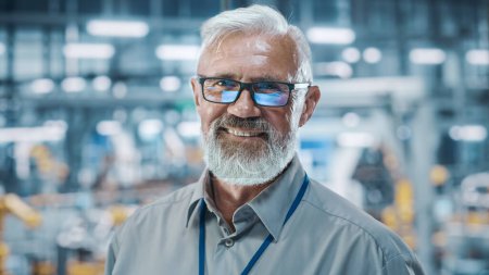 Photo for Car Factory Office: Portrait of Senior White Male Chief Engineer Looking at Camera and Smiling. Professional Technician in Automated Robot Arm Assembly Line Manufacturing in High-Tech Facility - Royalty Free Image