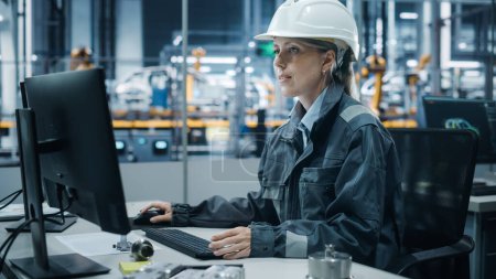 Photo for Car Factory Office: Portrait of Confident Female Chief Engineer Wearing Hard Hat Working on Desktop Computer. Technician in Automated Robot Arm Assembly Line Manufacturing High-Tech Electric Vehicles - Royalty Free Image