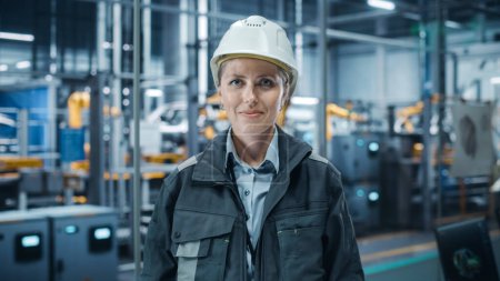Photo for Car Factory Office: Portrait of Female Chief Engineer Wearing Hard Hat Looking at Camera, Smiling. Professional Technician. Automated Robot Arm Assembly Line Manufacturing High-Tech Electric Vehicles - Royalty Free Image