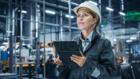 Photo for Car Factory Office: Portrait of Female Chief Engineer Wearing Hard Hat Monitoring Production Conveyor with Tablet Computer. Automated Robot Arm Assembly Line Manufacturing High-Tech Electric Vehicles - Royalty Free Image