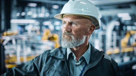 Photo for Car Factory Office: Portrait of Senior White Male Chief Engineer Wearing Safety Hard Hat in Automated Robot Arm Assembly Line Manufacturing in High-Tech Facility. - Royalty Free Image