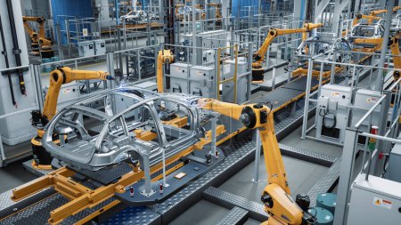 Foto de Car Factory 3D Concept: Automated Robot Arm Assembly Line Manufacturing Vehículos eléctricos avanzados de alta tecnología de energía verde. Construcción, construcción, soldadura Transportador de producción industrial. - Imagen libre de derechos