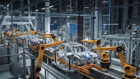 Foto de Car Factory 3D Concept: Automated Robot Arm Assembly Line Manufacturing Vehículos eléctricos de energía verde de alta tecnología. Construcción automática, construcción, soldadura Transportador de producción industrial. - Imagen libre de derechos