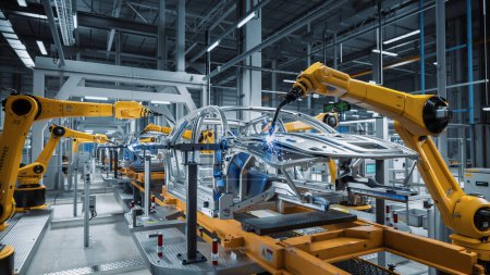 Foto de Car Factory 3D Concept: Automated Robot Arm Assembly Line Manufacturing Vehículos eléctricos de energía verde de alta tecnología. Construcción automática, construcción, soldadura Transportador de producción industrial. - Imagen libre de derechos
