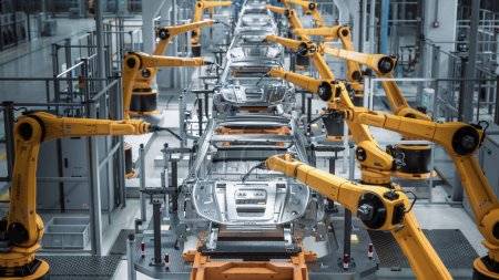 Foto de Car Factory 3D Concept: Automated Robot Arm Assembly Line Manufacturing Vehículos eléctricos de energía verde de alta tecnología. Construcción automática, construcción, soldadura Transportador de producción industrial. Vista frontal - Imagen libre de derechos