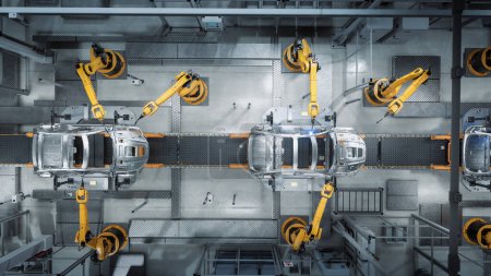 Photo for Aerial Car Factory 3D Concept: Automated Robot Arm Assembly Line Manufacturing Advanced High-Tech Green Energy Electric Vehicles. Construction, Building, Welding Industrial Production Conveyor - Royalty Free Image