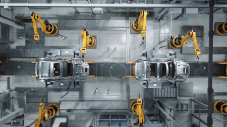 Aerial Car Factory 3D Concept : Ligne d'assemblage automatisée de bras de robot Fabrication de véhicules électriques avancés à haute technologie à énergie verte. Construction, bâtiment, soudage Convoyeur de production industrielle