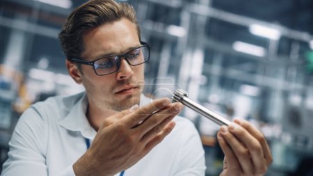 Nahaufnahme Porträt eines jungen, hübschen Ingenieurs mit Brille, der in einem Montagewerk an der Herstellung von Metallteilen arbeitet. Industrieprodukt-Designer untersucht Prototyp-Teile vor der Produktion.