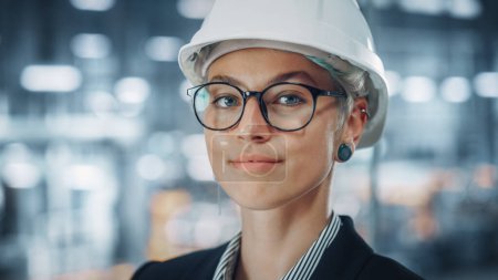 Photo for Portrait of a Happy Smiling Young Beautiful Female Engineer Wearing Glasses and White Hard Hat in Office at Car Assembly Plant. Industrial Specialist Working on Vehicle Design in Modern Facility. - Royalty Free Image