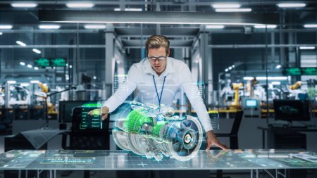 Confident Engineer in White Shirt Working on Jet Engine with Use of Augmented Reality Hologram in an Office at Plane Assembly Plant. Industrial Specialist Working in Technological Development Facility