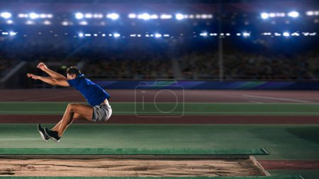Photo for Long Jump Championship: Professional Male Athlete Jumping on Long Distance. Determination, Motivation, Inspiration of a Successful Sports Man Setting New Record Result. Competition on Big Stadium. - Royalty Free Image