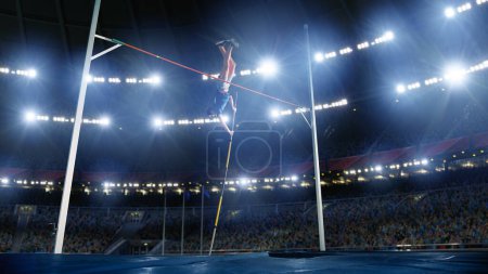 Photo for Pole Vault Jumping: Professional Male Athlete on World Championship Successfully Jumping with Pole over Bar. Shot of Competition on Big Stadium with Sports Achievement Experience - Royalty Free Image