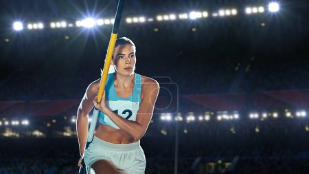 Photo for Pole Vault Jumping: Portrait of Professional Female Athlete on World Championship Running with Pole to Jump over Bar. Shot of Competition on Big Stadium with Sports Achievement Experience - Royalty Free Image