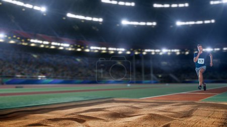 Photo for Long Jump Championship: Professional Male Athlete Running on Track Before Long Distance Jumping. Determination, Motivation, Inspiration of Successful Sports Man on World Competition on Big Stadium - Royalty Free Image
