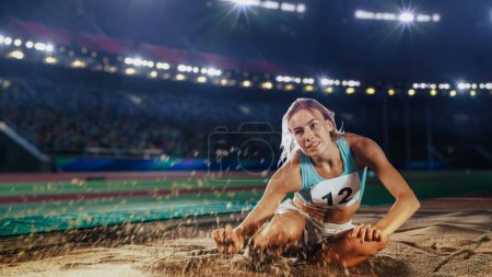 Photo for Long Jump Championship: Professional Female Athlete Jumping on Long Distance. Determination, Motivation, Inspiration of a Successful Sports Woman Setting New Record Result. Competition on Big Stadium. - Royalty Free Image