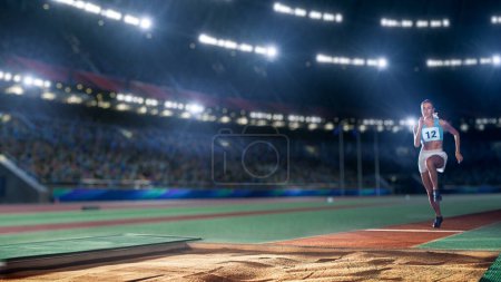 Photo for Long Jump Championship: Professional Female Athlete Running on Track Before Long Distance Jumping. Determination, Motivation, Inspiration of Successful Sports Woman on World Competition on Big Stadium - Royalty Free Image