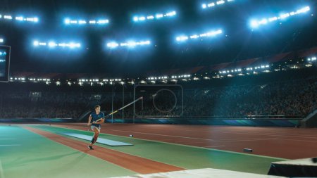 Stabhochsprung: Männlicher Profi-Athlet läuft bei WM mit Stange über Reck Wettkampfschuss im großen Stadion mit sportlicher Erfolgserfahrung