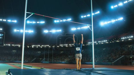 Photo for Shot of Professional Male Athlete Happily Celebrating New Record for Winning Sport Championship. Determined Successful Sportsman Raising Arms Cheering for Gold Medal Victory. Shot on Large Stadium - Royalty Free Image
