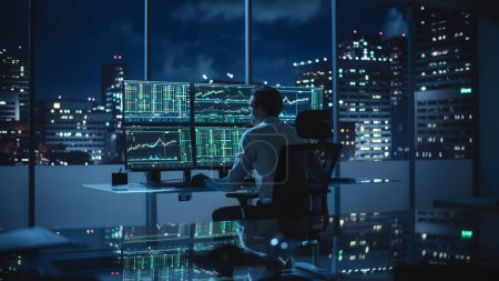 Financial Analyst Working on Computer with Multi-Monitor Workstation with Real-Time Stocks, Commodities and Exchange Market Charts. Mastermind Businessman Deliberating on Next Investment Trade.