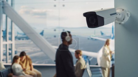 Flughafenterminal: Futuristische Big-Data-Überwachungskamera zur Analyse von KI-Daten, die die Sicherheit der Menschen gewährleistet. Backgrond: Vielfältige multi-ethnische Menschenmassen warten
