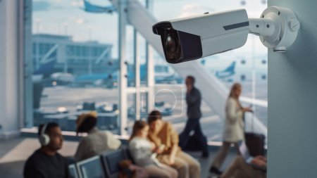 Airport Terminal: Futuristic AI Big Data Analysing Surveillance Camera that Keeps People Safe. Backgrond: Diversas multiétnicas multitudes esperan