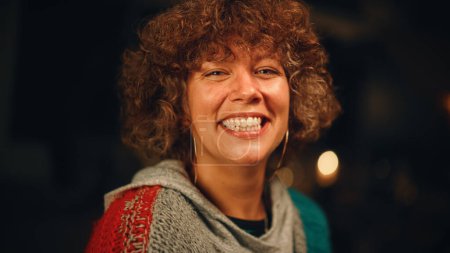 Photo for Close Up Portrait of a Happy Young Woman with Big Smile and Brown Curly Hair Posing for Camera. Beautiful Diverse Caucasian Female Enjoying Life on a - Royalty Free Image