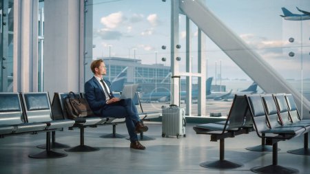 Téléchargez les photos : Terminal de l'aéroport : Homme d'affaires utilise ordinateur portable, en attente de son vol. Entrepreneur itinérant télétravail en ligne assis dans le salon d'embarquement de - en image libre de droit
