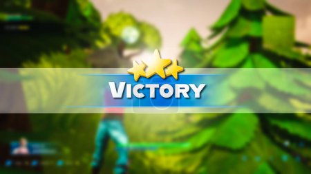 Photo for Shot of a Video Game Mock-up with Victory Sign and Stars. Gameplay of 3D Third Person Shooter Online Multiplayer Battle Royale. Fun Tactical Arcade - Royalty Free Image