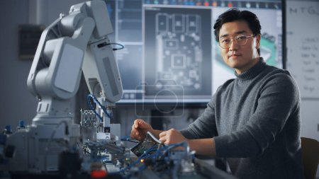Ingeniero masculino asiático sentado en la mesa y mirando la cámara mientras trabaja en un nuevo proyecto de ingeniería. Robot se mueve bajo su control. Educación y