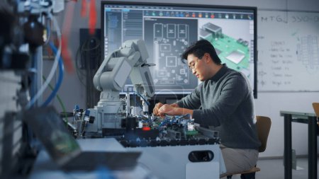 Ingeniero masculino asiático sentado en la mesa usando mano de robot e ingeniería. Robot se mueve bajo su control. Educación y Robótica en la Universidad Moderna