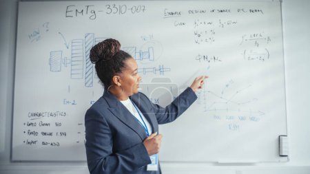 Foto de Online e-Education Concept: Black Teacher Gives Lesson to a Classroom, Standing Infront Whiteboard with Notes. E-Learning, Online Courses: Lecturer - Imagen libre de derechos
