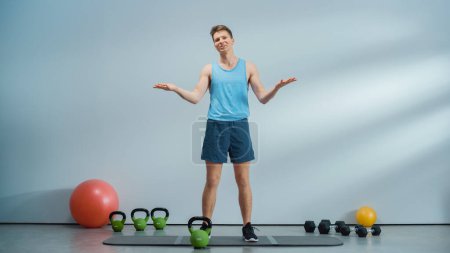 Beginning of Online Fitness Course Video with Young Athletic Personal Trainer Explaining Core Strengthening Workout Routine with Kettlebell. Fit Man