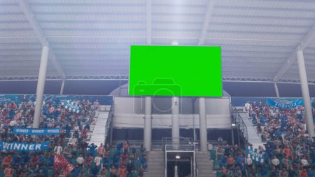 Téléchargez les photos : Stadium Championship Match: Scoreboard Green Chroma Key Screen. Crowd of Fans Cheering, Having Fun. Sports Channel Television Advertising Mock-Up - en image libre de droit