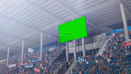 Téléchargez les photos : Stadium Championship Match: Scoreboard Green Chroma Key Screen. Crowd of Fans Cheering, Having Fun, Supporting. Sports Channel Television Advertising - en image libre de droit