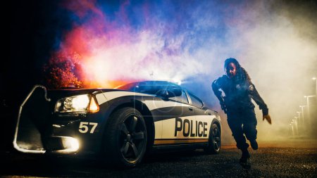 Photo for Agile Black Policewoman Stepping out of the Police Vehicle and Sprinting to Help a Mugged Victim. Female Officer Running to Arrest a Wanted Criminal - Royalty Free Image