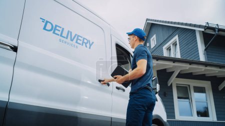Courier Opens Delivery Van Side Door and To Take Out a Cardboard Parcel. Mailman Delivering the Parcel to a Homeowner.
