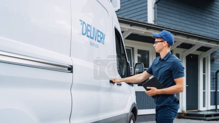 Courier Opens Delivery Van Side Door and To Take Out a Cardboard Parcel. Mailman Delivering the Parcel to a Homeowner.