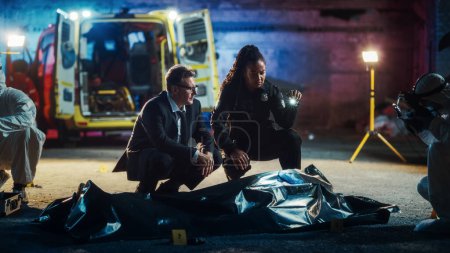 Black Policewoman and Male Lieutenant Discussing Details of a Case of Manslaughter on the Crime Scene. Investigation Team Brainstorming and Comparing