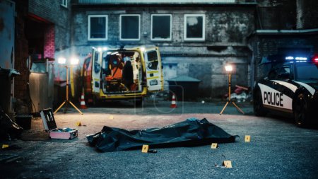 Night Establishing Shot: No People Present in a Crime Scene in Back Alley. Victims Corpse in a Body Bag on the Floor with Marked Evidence all Around
