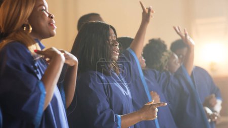 Group Of Christian Gospel Singers Praising Lord Jesus Christ. Church Filled with Spiritual Message Uplifting Hearts. Music Brings Peace, Hope, Love
