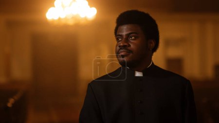 Portrait of a Young Black Standing in a Church with a Warm and Peaceful Atmosphere. A Servant of God Devoted to Christianity, Helping Lost Souls Find